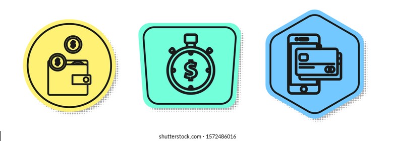 Set line Wallet with coins, Time is money and Mobile phone and credit card. Colored shapes. Vector