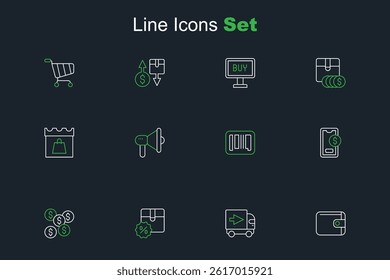 Set line Wallet, Delivery cargo truck, Cardboard box with discount, Dollar symbol, Mobile dollar, Barcode, Megaphone and Shopping day icon. Vector