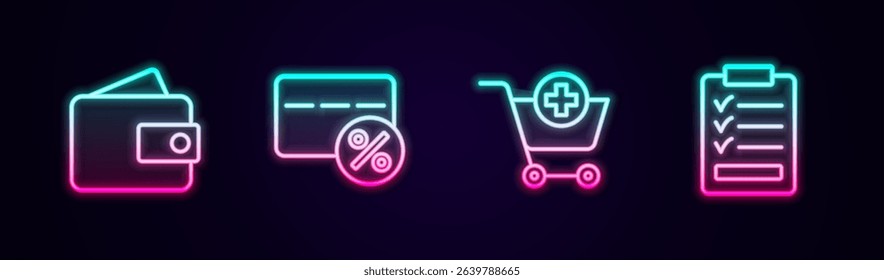Set line Wallet, Discount card with percent, Add to Shopping cart and Clipboard checklist. Glowing neon icon. Vector