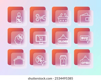 Definir a linha Carteira, etiqueta de porcentagem de desconto, Sinal suspenso com texto Fechado, Compras on-line no telefone, Monitor do carrinho de compras, cesta e ícone do cupom de desconto de cortes de tesoura. Vetor