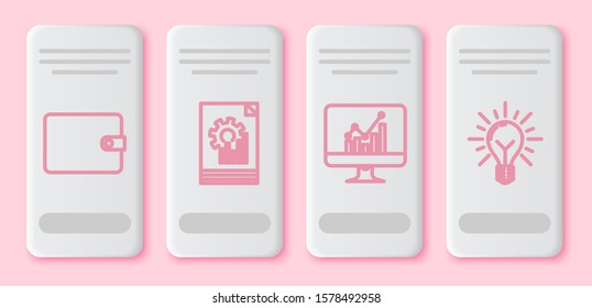 Set line Wallet, Document with graph chart, Computer monitor with graph chart and Light bulb with rays shine and concept of idea. White rectangle button. Vector