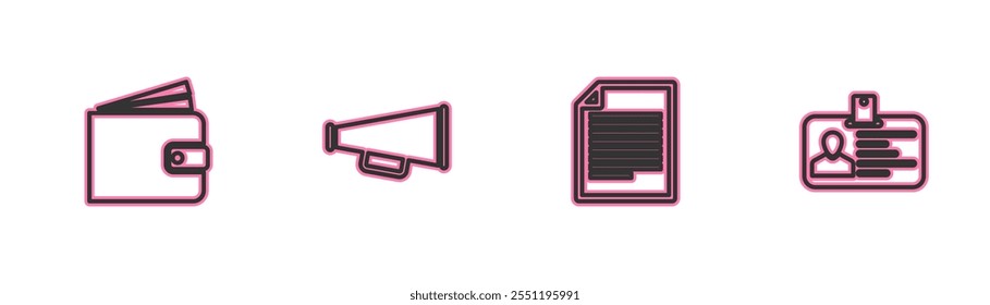 Establezca el ícono de la línea de la billetera, el documento, el megáfono y la insignia de la Identificación. Vector