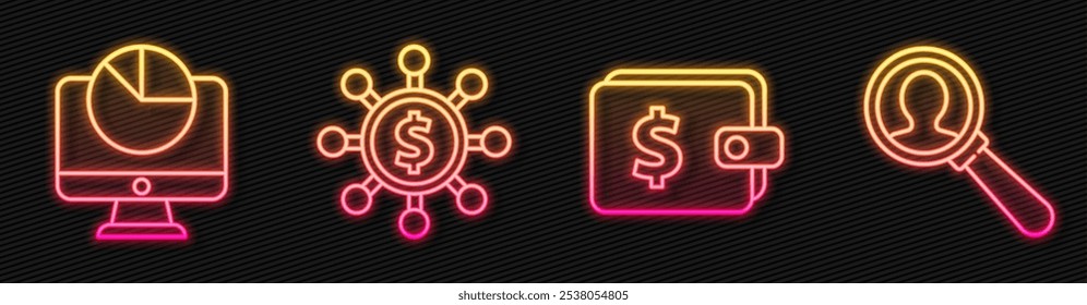 Set line Wallet with dollar, Computer monitor with graph chart, Dollar, share, network and Magnifying glass for search a people. Glowing neon icon. Vector