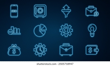 Set line Wallet with dollar, Light bulb concept of idea, Sales funnel arrows, Pie chart infographic, Mobile phone SEO optimization, Human gear inside and Safe icon. Vector