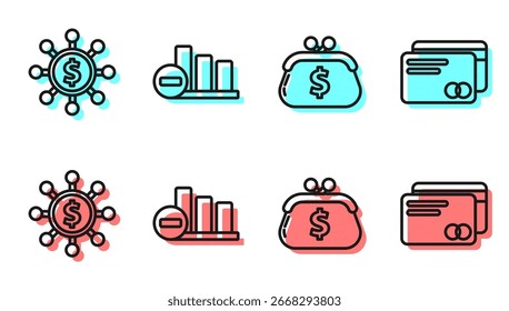 Set line Wallet with dollar, Dollar, share, network, Pie chart infographic and Credit card icon. Vector