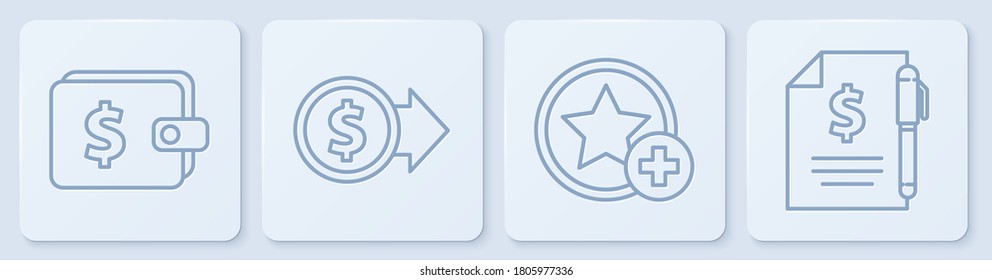 Set line Wallet with dollar, Star, Coin money with dollar and Contract money and pen. White square button. Vector