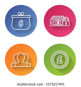 Set line Wallet with with dollar symbol, Money with lock, Users group and Coin money with pound sterling symbol. Color circle button. Vector
