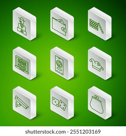 Set line Wallet, Game dice, Poker player, Casino poker tournament invitation, Laptop and slot machine, with money, Security camera and Joker playing card icon. Vector