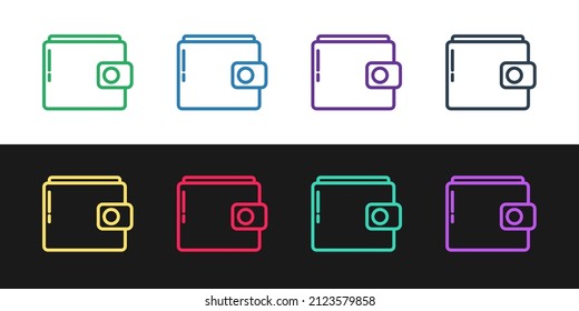 Establecer línea Icono de cartera aislado en fondo blanco y negro. Icono de la cartera. Símbolo de ahorro de efectivo.  Ilustración vectorial