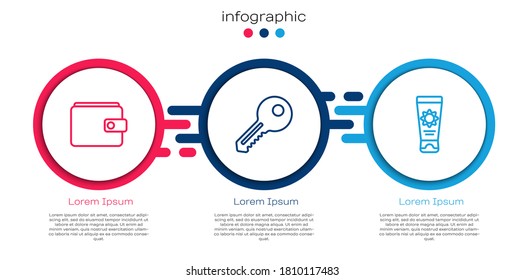 Set line Wallet, Key and Sunscreen cream in tube. Business infographic template. Vector