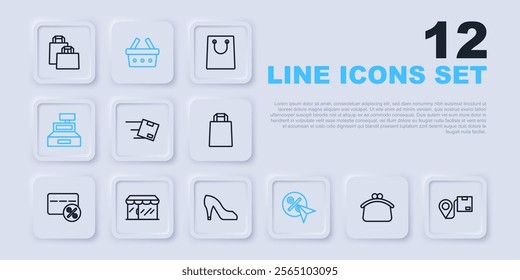 Set line Wallet, Location with cardboard box, Discount percent tag, Cash register machine, Market store, Shopping basket and Woman shoe icon. Vector