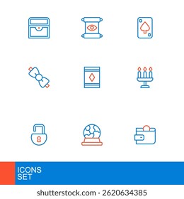 Set line Wallet, Magic ball, Open padlock, Candlestick, Bow tie, carpet, Playing cards and scroll icon. Vector