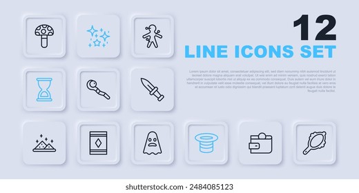 Set line Wallet, Magic hand mirror, staff, hat, Old hourglass, carpet, Magical glitter particles and Ghost icon. Vector