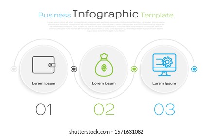 Set line Wallet, Money bag and Computer monitor with graph chart. Business infographic template. Vector