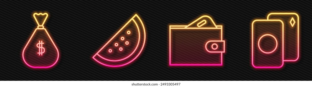 Set line Wallet with money, Money bag, Casino slot machine with watermelon and Deck of playing cards. Glowing neon icon. Vector