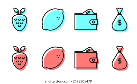 Set line Wallet with money, Casino slot machine with strawberry, Casino slot machine with lemon and Money bag icon. Vector