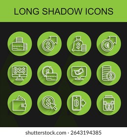 Set line Wallet with money, Coin dollar, Credit card, Mining bitcoin from mobile, Glass jar,  and Stacks paper cash icon. Vector