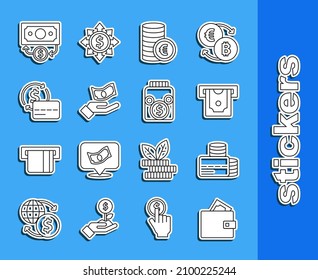 Set line Wallet with money, Credit card, ATM and, Coin euro symbol, Hand holding, Stacks paper cash and Glass jar coin icon. Vector