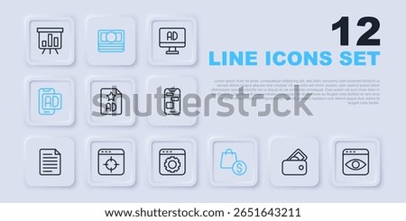 Set line Wallet with money, Personal information collection, Advertising, shopping bag and dollar, Target financial goal, Stacks paper cash and Browser setting icon. Vector