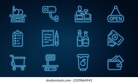 Set line Wallet with money, POS terminal, Cashier at cash register, Shopping list and pencil, Electronic scales for product, Whiskey bottle and Security camera icon. Vector