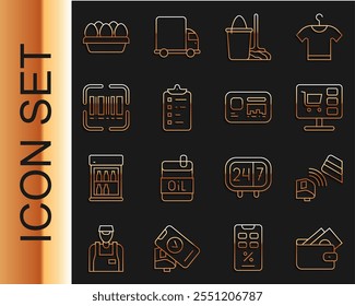 Set line Wallet with money, POS terminal credit card, Shopping cart computer, Mop and bucket, list, Scanner scanning bar code, Chicken egg box and Identification badge icon. Vector