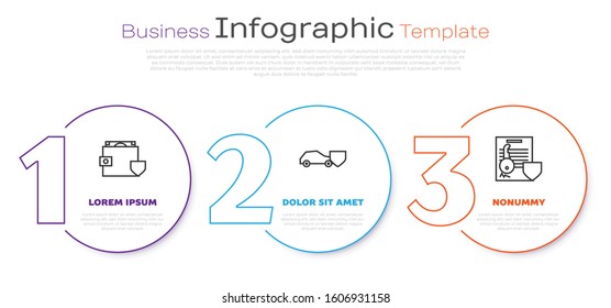 Set line Wallet and money with shield, Car with shield and Document with key with shield. Business infographic template. Vector