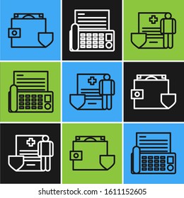 Set Line Wallet And Money With Shield, Medical Clipboard With Clinical Record And Fax Machine Icon. Vector