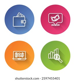 Set line Wallet with money, Stacks paper cash, Cryptocurrency exchange and Pie chart and dollar. Color circle button. Vector