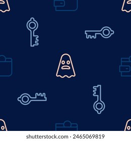 Set line Wallet, Old magic key and Ghost on seamless pattern. Vector