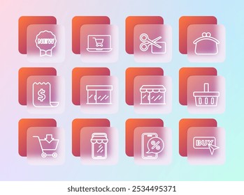 Set line Wallet, Online shopping on phone, Market store, Percent discount, Scissors cuts coupon, Price tag with New and Shopping cart screen laptop icon. Vector