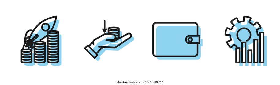 Set line Wallet, Rocket flying up on coins growth chart, Money on hand and Pie chart infographic icon. Vector