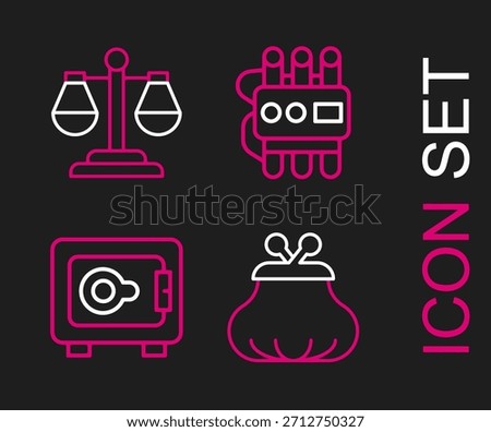Set line Wallet, Safe, Dynamite and timer clock and Scales of justice icon. Vector