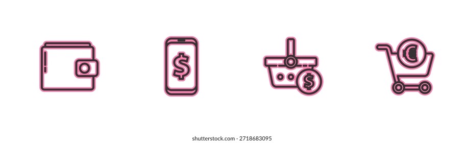 Set línea Cartera, cesta de la compra y dólar, Smartphone con y Carrito euro icono. Vector