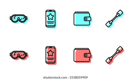 Set line Wallet, Ski goggles, Mobile with review rating and Paddle icon. Vector