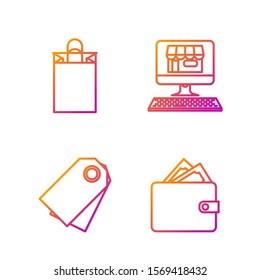 Set line Wallet with stacks paper money cash, Blank label template price tag, Paper shopping bag and Shopping building on screen computer. Gradient color icons. Vector