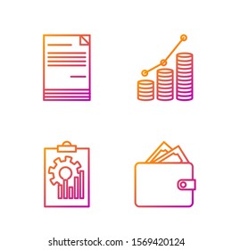 Set line Wallet with stacks paper money cash, Clipboard with graph chart, Document and Pie chart infographic and coin. Gradient color icons. Vector