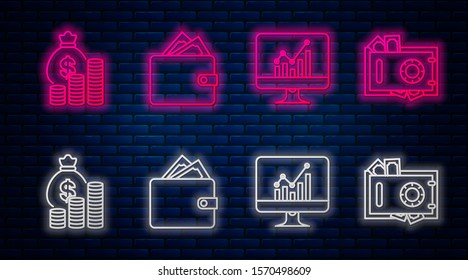 Set line Wallet with stacks paper money cash, Computer monitor with graph chart, Money bag and coin and Safe and money. Glowing neon icon on brick wall. Vector
