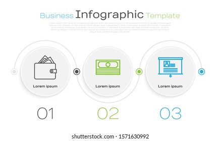 Set line Wallet with stacks paper money cash, Stacks paper money cash and Board with resume. Business infographic template. Vector