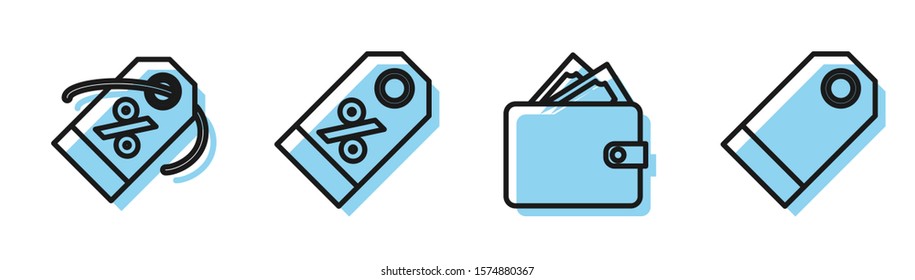 Set line Wallet with stacks paper money cash, Discount percent tag, Discount percent tag and Blank label template price tag icon. Vector