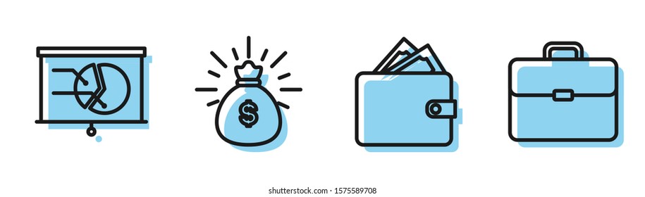 Set line Wallet with stacks paper money cash, Board with graph chart, Money bag and Briefcase icon. Vector