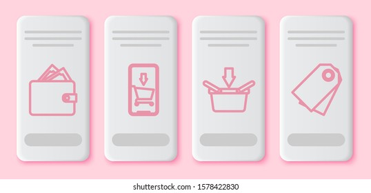 Set line Wallet with stacks paper money cash, Mobile phone and shopping cart, Shopping basket and Blank label template price tag. White rectangle button. Vector