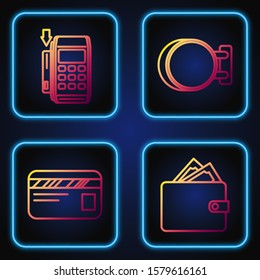 Set line Wallet with stacks paper money cash, Credit card, Pos terminal with inserted credit card and Signboard hanging. Gradient color icons. Vector