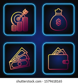 Set line Wallet with stacks paper money cash, Stacks paper money cash, Target with coin symbol and Money bag. Gradient color icons. Vector