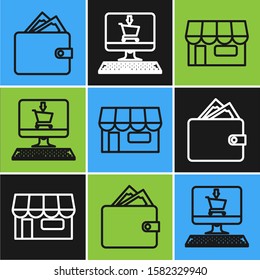 Set line Wallet with stacks paper money cash, Shopping building or market store and Shopping cart on screen computer icon. Vector