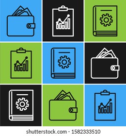 Set line Wallet with stacks paper money cash, User manual and Clipboard with graph chart icon. Vector
