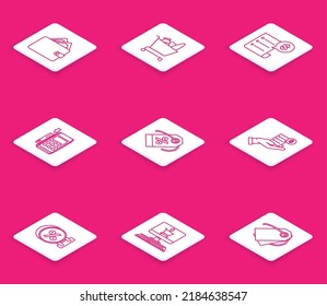 Set line Wallet with stacks paper money cash, Discount percent tag, Human hand holding blank receipt or bill for payment, Signboard hanging inscription discount and screen computer icon. Vector