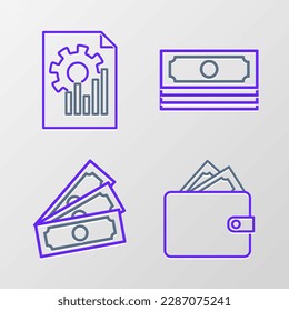 Set line Wallet with stacks paper money cash, Stacks,  and Document graph chart icon. Vector