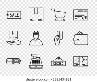 Set line Wallet, Stacks paper money cash, Shopping cart, Cash register machine, Price tag with text Sale, Seller, Hanging sign Closed and  icon. Vector