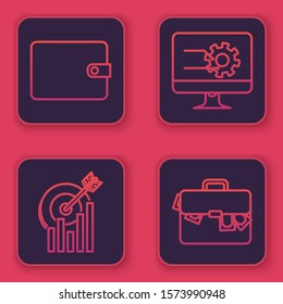 Set line Wallet, Target with graph chart, Computer monitor with graph chart and Briefcase and money. Blue square button. Vector
