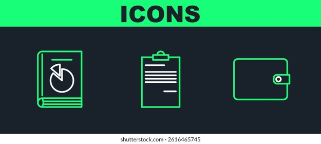 Set line Wallet, User manual and Document icon. Vector